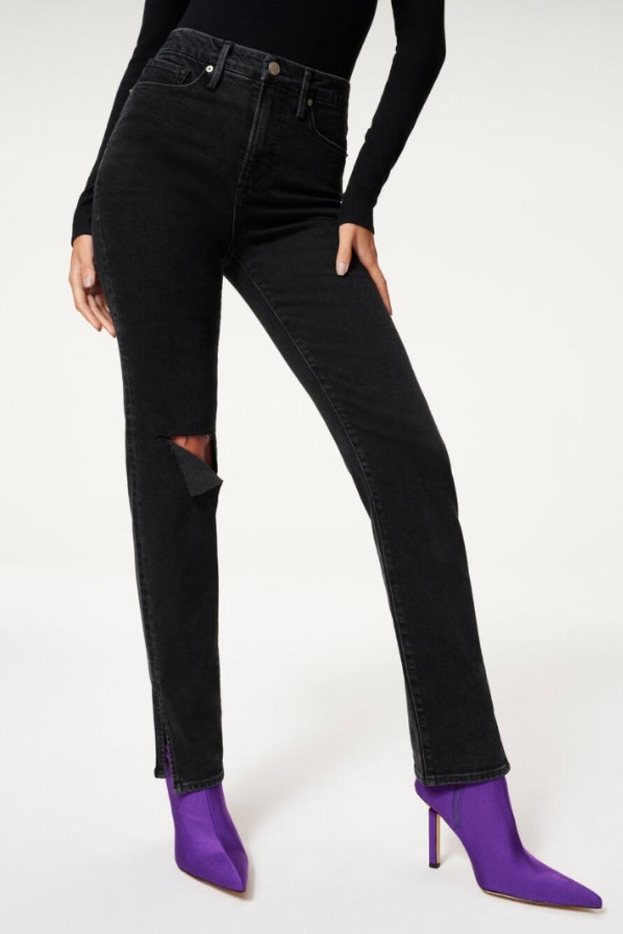 GOOD AMERICAN Good Boy Jeans 00 US 24 Black High Rise Straight Stretch NWT